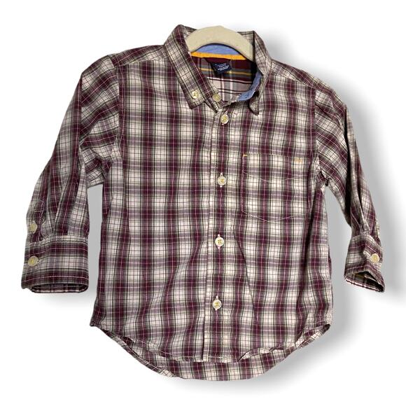 Gap Boys Shirt Size 2 Burgundy Green Yellow Plaid Long Sleeve Button Up Front - Picture 1 of 5